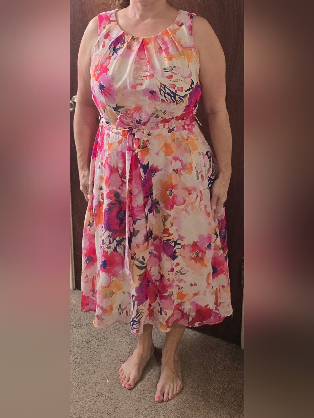 R&K Pink Floral Watercolor Midi Dress with Tie Waist
